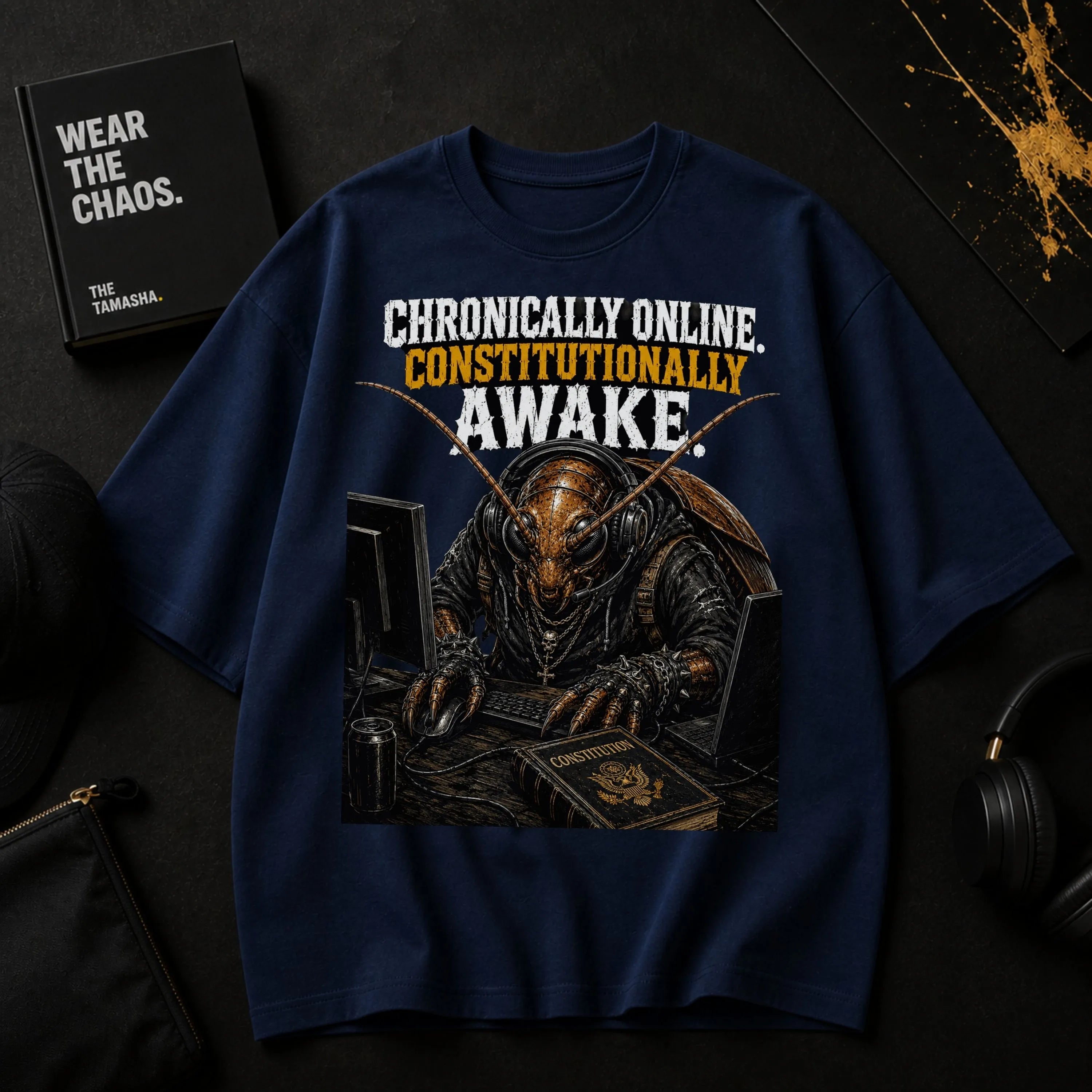 Chronically Online. Constitutionally Awake. | Oversized T-Shirt [hero:flatlay_navy]