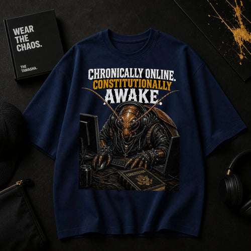 Chronically Online. Constitutionally Awake. | Oversized T-Shirt [hero:flatlay_navy]